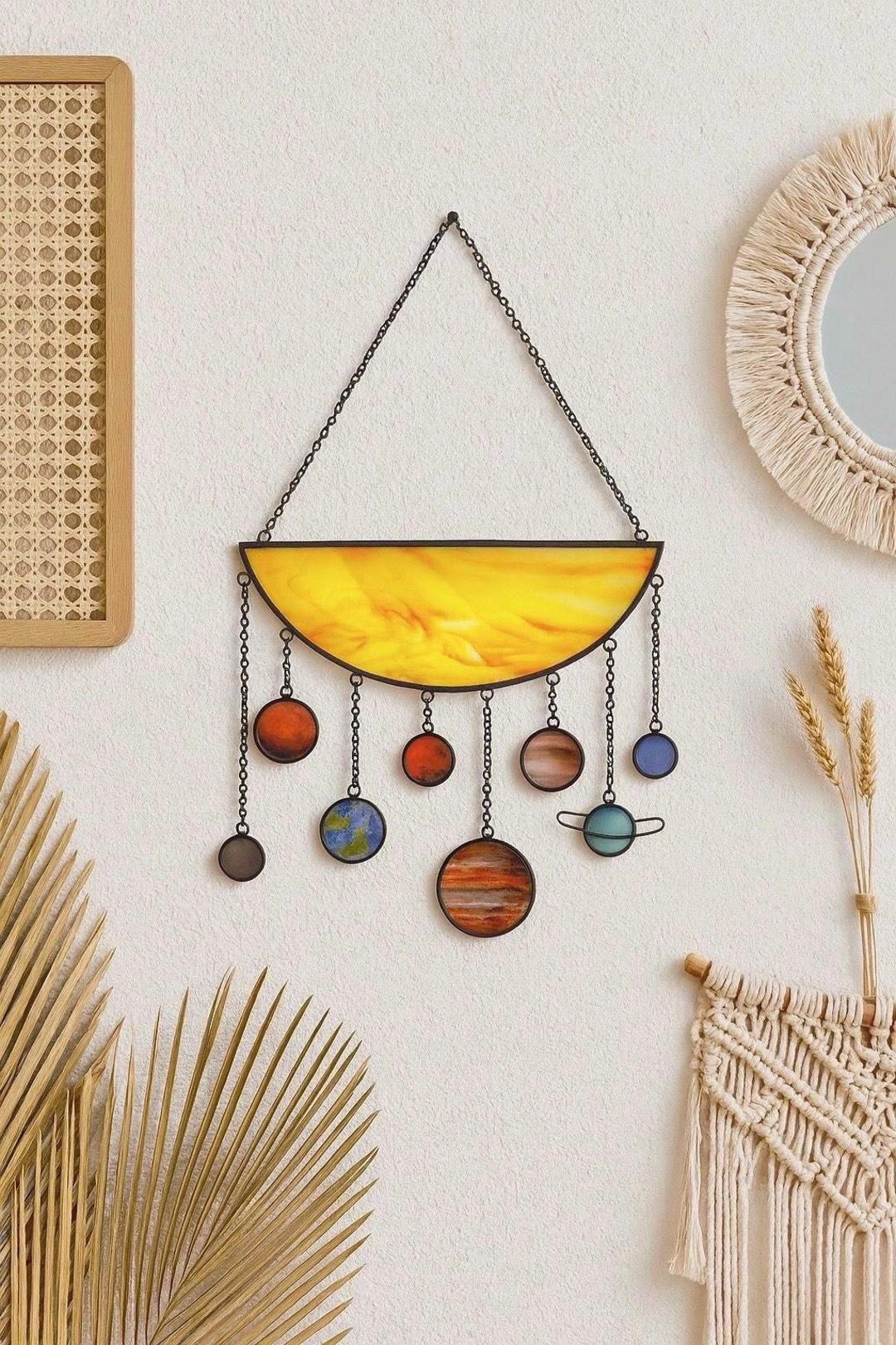 Stained Glass Solar System Wall Hanging, Sun & Planets Decor, Celestial Suncatcher, Space 