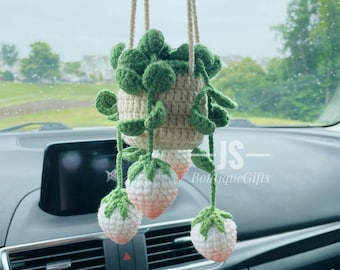 Snow strawberry plant, crochet strawberry plant, strawberry hanging, crochet car plant, car hanging, home decor, cute gifts