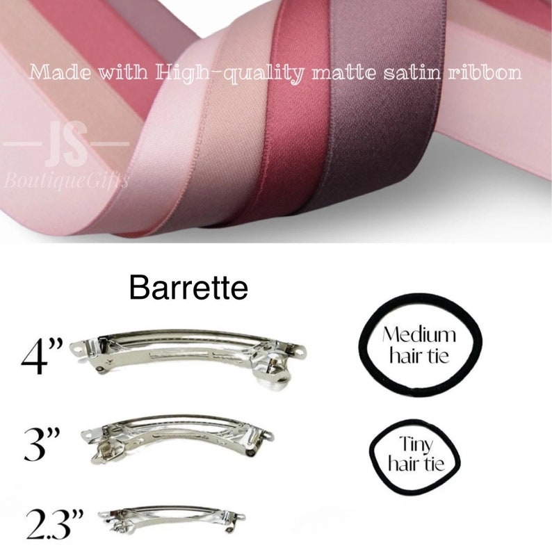 Pode incluir: Tr&ecirc;s presilhas de cabelo prateadas em tamanhos diferentes: 10 cm, 7,6 cm e 5,8 cm. As presilhas de cabelo s&atilde;o mostradas em um fundo branco. O texto "Barrette" est&aacute; acima das presilhas de cabelo. O texto "El&aacute;stico de cabelo m&eacute;dio" e "El&aacute;stico de cabelo pequeno" s&atilde;o mostrados em c&iacute;rculos pretos &agrave; direita das presilhas de cabelo.