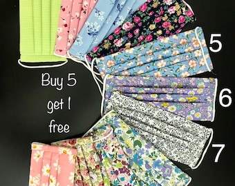 Floral Print Cotton Face Mask, 3 Layer with Pocket, Adjustable