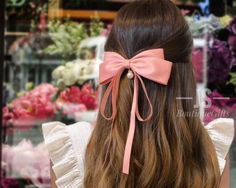 Coquette matte satin hair bow, elegant adult hair bow, girl hair bow, lovely long tail bow, hair bow barrette, adult hair bow, gift for her