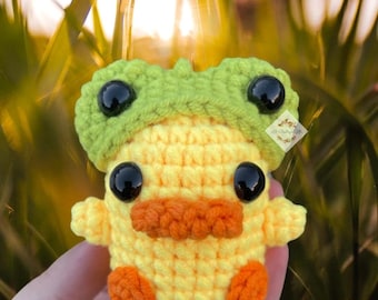Crochet Duck Keychain, Frog Hat, Cute Animal Charm