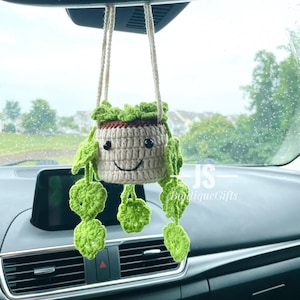 Smiling face crochetplant, Cute leaves hanging, Car plant hanging, Flowers hanging, car plant decor, car accessories, home decor, garden de
