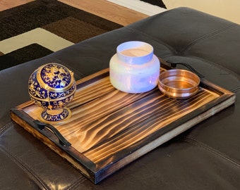 Burnt Wood Ottoman Tray with Metal Handles: Handmade Serving Tray