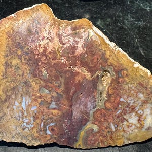 May include: A large, flat piece of agate with a swirling pattern of brown, red, and white. The agate has a natural, rough edge.