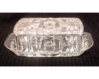 Antyczna maselniczka szklana Anchor Hocking z wzorem gwiazdy Dawida z lat 60., 1/4 funta