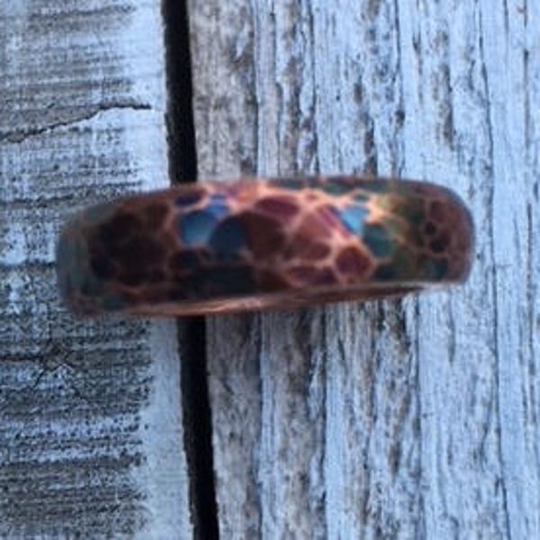 Hammered, flame painted copper ring, size 8.25 U.S.