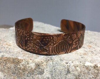 Unique etched and flame painted copper bracelet cuff