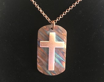 Lightly hammered and flame painted dog tag with copper cross