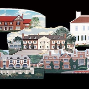 May include: A collection of five decorative magnets featuring detailed illustrations of various stately homes and mansions. The magnets showcase a range of architectural styles, with red brick, white, and brown color schemes, set against a black background.