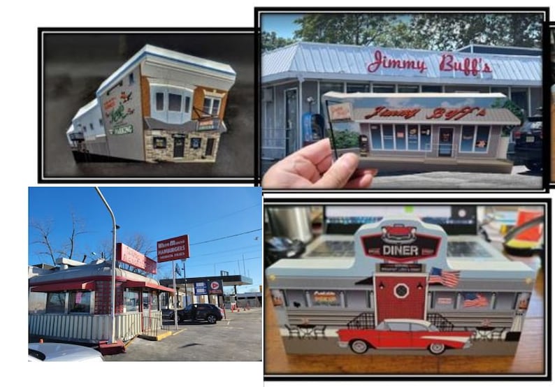 May include: A collection of four images showing different diner-themed decorations. The first image shows a miniature model of a diner with a red and white awning and a sign that says "Where We Make Hamburgers". The second image shows a hand holding a miniature model of a diner with a sign that says "Jimmy Buff's". The third image shows a miniature model of a diner with a sign that says "The Diner" and a red, white, and blue American flag. The fourth image shows a miniature model of a diner with a sign that says "The Diner" and a red, white, and blue American flag.