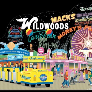 May include: A colorful illustration of a boardwalk scene at night with a yellow and blue trolley car, a Ferris wheel, and various shops and restaurants. The text "Wildwoods" is prominently displayed in white letters. The text "Caribbean" is also displayed in white letters. The text "Morey's Piers" is displayed in white letters. The text "Doo Wop Experience" is displayed in white letters. The text "Mack's" is displayed in white letters. The text "Fudge" is displayed in white letters. The text "Lauder's" is displayed in white letters. The text "Kohr Bros" is displayed in white letters. The text "Sightseer" is displayed in white letters. The text "Daytona Motor Inn" is displayed in white letters. The text "Biscayne" is displayed in white letters. The text "Doo WW" is displayed in white letters.