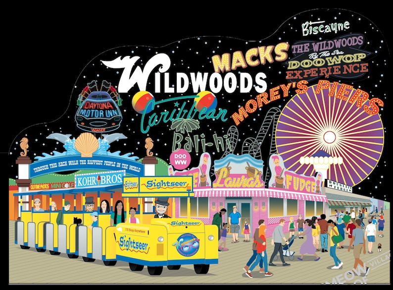 May include: A colorful illustration of a boardwalk scene at night with a yellow and blue trolley car, a Ferris wheel, and various shops and restaurants. The text "Wildwoods" is prominently displayed in white letters. The text "Caribbean" is also displayed in white letters. The text "Morey's Piers" is displayed in white letters. The text "Doo Wop Experience" is displayed in white letters. The text "Mack's" is displayed in white letters. The text "Fudge" is displayed in white letters. The text "Lauder's" is displayed in white letters. The text "Kohr Bros" is displayed in white letters. The text "Sightseer" is displayed in white letters. The text "Daytona Motor Inn" is displayed in white letters. The text "Biscayne" is displayed in white letters. The text "Doo WW" is displayed in white letters.