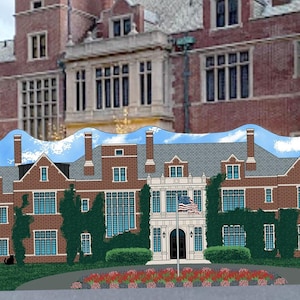 May include: A hand-painted illustration of a large, brick mansion with a white roof and green bushes. The illustration is on a white background and has a QR code in the bottom right corner.