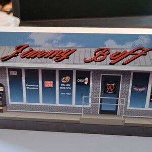 May include: A model of a red and white storefront with the words "Jimmy Buff's" in red lettering. The storefront has several windows with signs that say "Open", "Italian Hot Dogs", and "Throwback Thursdays".