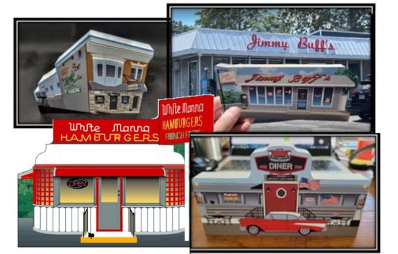 May include: A set of three miniature diner buildings, each with a unique design. The first building is a white building with red accents and the text "White Manna Hamburgers" on the front. The second building is a blue and white building with red accents and the text "Diner" on the front. The third building is a gray building with red accents and the text "Jimmy Buff's" on the front.