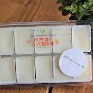 Peut inclure: Un plateau en plastique transparent avec neuf compartiments individuels remplis de cire blanche. Le plateau porte une étiquette qui indique "Les bougies Meg Popsicle a l'orange Cire vegetale".