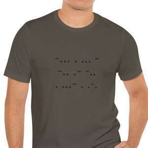 May include: A dark green t-shirt with a black design of the word "YES" written in Morse code.