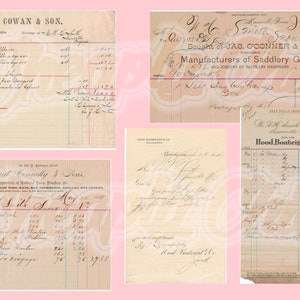May include: A collection of five vintage paper invoices and receipts featuring handwritten cursive script, printed business headers, and tabular columns for sales data. The documents display various company names, dates, and financial records in black ink.