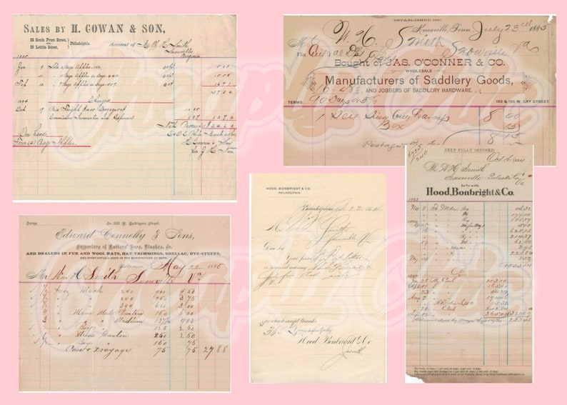 May include: A collection of five vintage paper invoices and receipts featuring handwritten cursive script, printed business headers, and tabular columns for sales data. The documents display various company names, dates, and financial records in black ink.