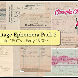 May include: A collection of vintage ephemera documents from the late 1800s and early 1900s, featuring handwritten invoices, receipts, and business letterheads with cursive script, printed text, and decorative borders in sepia, cream, and pink tones.