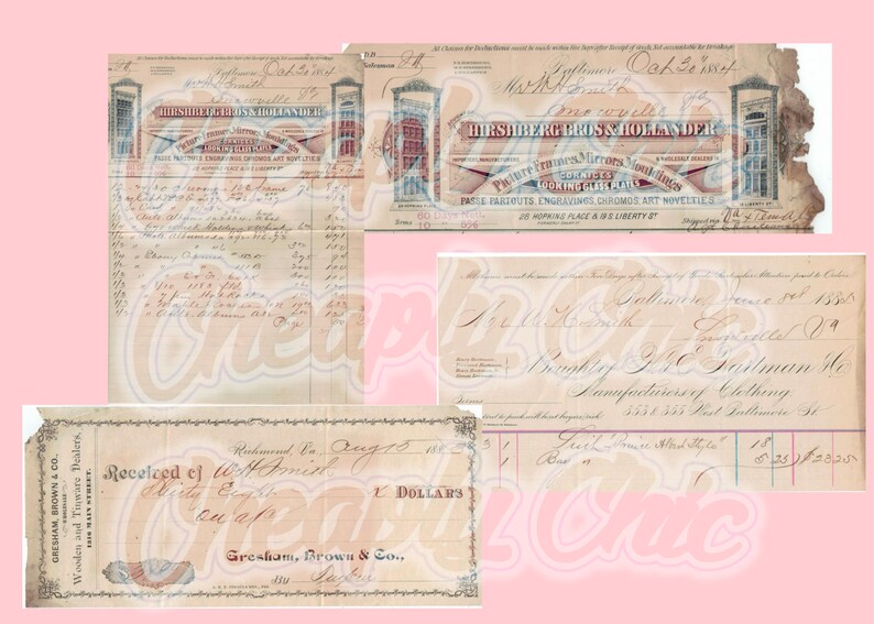 May include: A collection of three vintage paper documents featuring handwritten text and printed business headers from Hirshberg Bros & Hollander, D.C. Eastman Co, and Gresham, Brown & Co. These antique invoices and receipts display dates from 1884 and 1885.