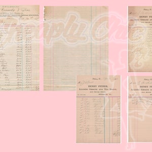 May include: A collection of five vintage paper receipts and ledger sheets with handwritten cursive text and printed headers including Edward Connelly & Sons and Henry Fetzer Leading Grocer and Tea House, featuring columns and rows on aged tan paper.