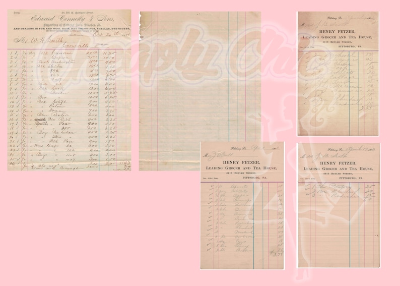 May include: A collection of five vintage paper receipts and ledger sheets with handwritten cursive text and printed headers including Edward Connelly & Sons and Henry Fetzer Leading Grocer and Tea House, featuring columns and rows on aged tan paper.