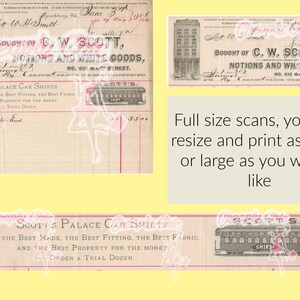 Może przedstawiać: Zabytkowa papierowa faktura od C.W. Scott Notions and White Goods z dnia 3 czerwca 1885 roku. Dokument zawiera ilustrację wielopiętrowego budynku i wagonu kolejowego oraz drukowany tekst, w tym nazwę Scott's Palace Car Shirts i adres.