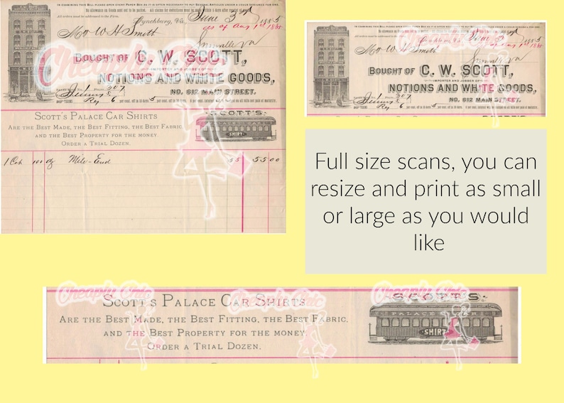 Może przedstawiać: Zabytkowa papierowa faktura od C.W. Scott Notions and White Goods z dnia 3 czerwca 1885 roku. Dokument zawiera ilustrację wielopiętrowego budynku i wagonu kolejowego oraz drukowany tekst, w tym nazwę Scott's Palace Car Shirts i adres.