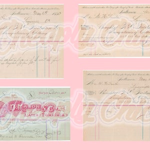 May include: A collection of four vintage paper invoices and receipts featuring handwritten cursive text, dated from the 1880s. The documents include printed business names such as P.H. Hartman & Co. and W. Mason & Co., with columns for itemized lists.