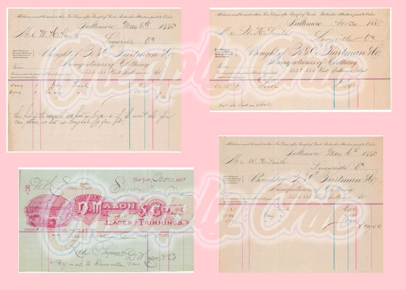 May include: A collection of four vintage paper invoices and receipts featuring handwritten cursive text, dated from the 1880s. The documents include printed business names such as P.H. Hartman & Co. and W. Mason & Co., with columns for itemized lists.