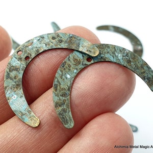 6ps Brass moon charm Earring connector flat blanks 2 holes Organic blue brown vintage patina for Jewelry handmade Bohemian Boho findings 591