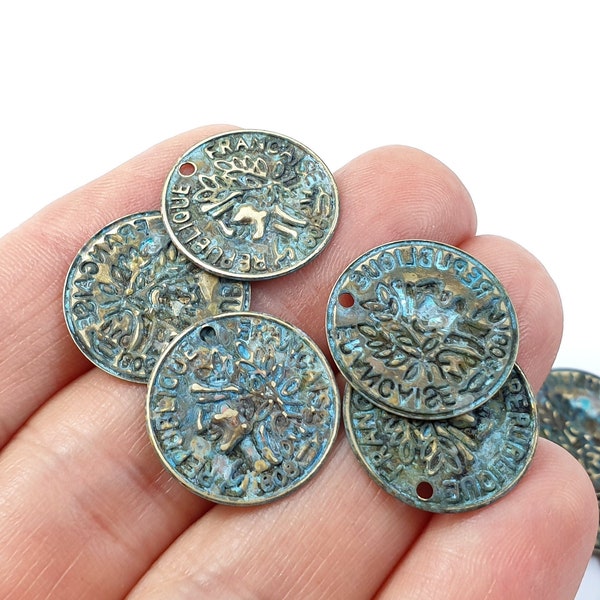 6pc Raw brass coin charms Necklace bracelet vintage patina bead with 1 hole for Jewelry Handmade Boho Bohemian maker coin earrings DIY 456