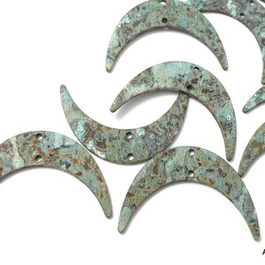 6ps Raw brass moon earring connector 2 holes Brass necklace flat blank Organic blue brown vintage patina Jewelry handmade Boho component 590