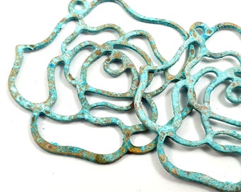 8ps Rose pendant 1 hole Metal brass rose pendant Organic rustic patina for Handmade Jewelry making DIY Boho Bohemian rustic vintage bead 836
