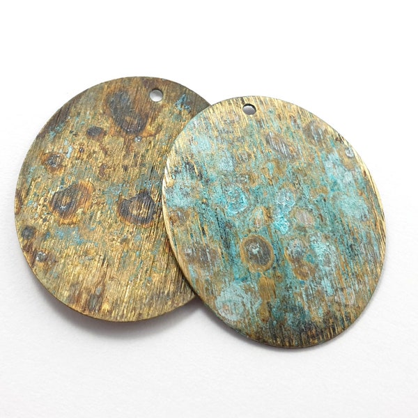 4ps Jewelry solid brass patina charms Textured oval connector 1 hole Verdigris blue patina Jewelry unique handmade design Boho supply 314A