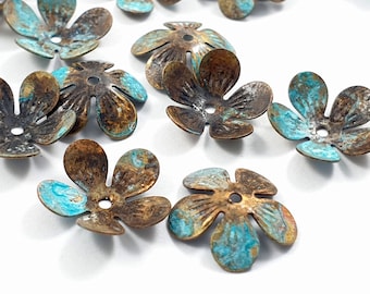 10pcs Tassel caps shaped brass flower for ball gemstone Aged turquoise organic patina for Handmade DIY maker Bohemian Boho color idea 820