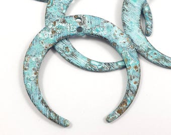 6ps Moon earring connector Brass patina blank 2 holes Organic blue brown vintage aged patina for Boho Bohemian Jewelry handmade maker 510