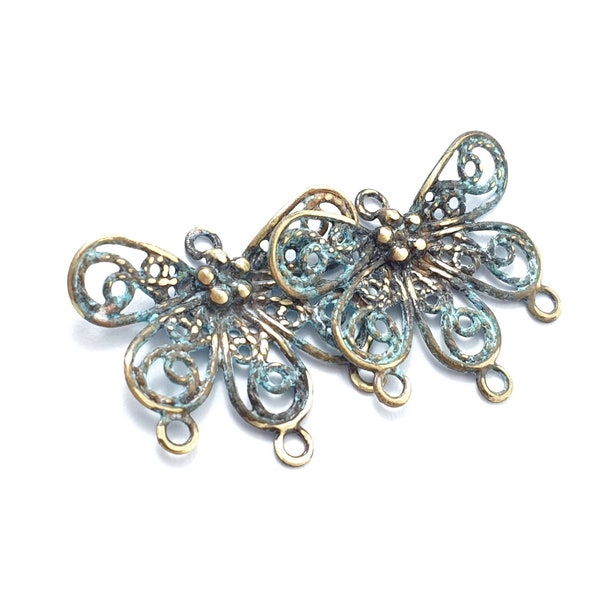 10pcs Small butterfly connector 4 holes Brass filigree flower green verdigris patina for Jewelry maker Boho sun earrings lace components 803