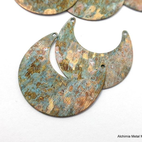 6ps Brass moon charm Earring connector flat blank 2 holes Organic blue brown vintage patina for Jewelry handmade Bohemian Boho idea DIY 448A