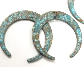 6ps Moon earring connector Brass patina blank 2 holes Organic blue brown vintage aged patina for Boho Bohemian Jewelry handmade maker 689