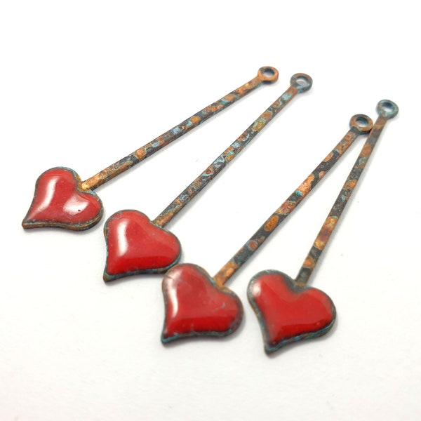 Heart earring charm 2ps(pair) Spade copper Vintage blue patina color Hot enamel Jewelry handmade red heart Bohemian finding women gift 902-1