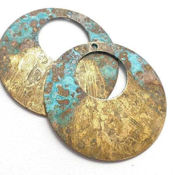 2ps Brass circle flat blank 1 hole Earring crescent connector Blue gold vintage patina Metal supply Jewelry handmade Boho gift for her 671A