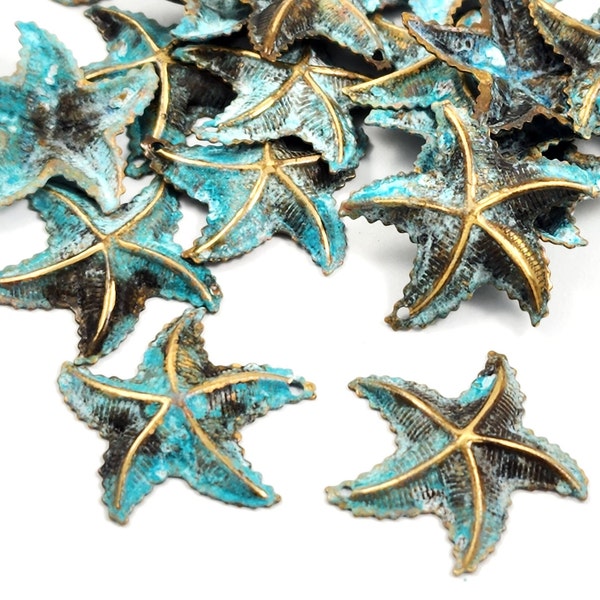 10pcs Small metal star 1 hole Bras starfish bead Green verdigris patina finding Jewelry maker Boho jewelry blue component Unique style 832