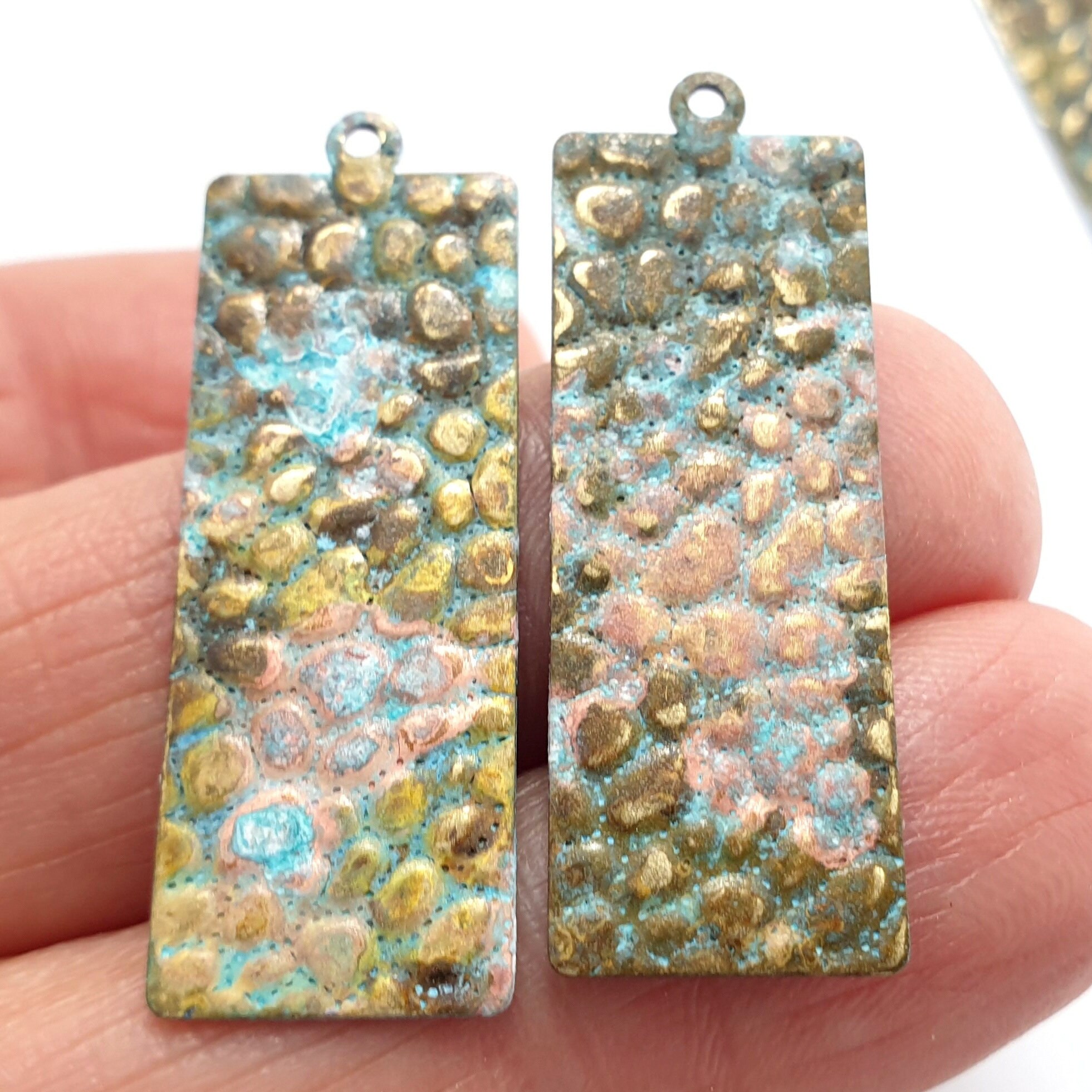 6ps Rectangle hammering earring blank Brass textured charm 1 hole Unique patina Jewelry handmade supply Necklace Component Bohemian 551A