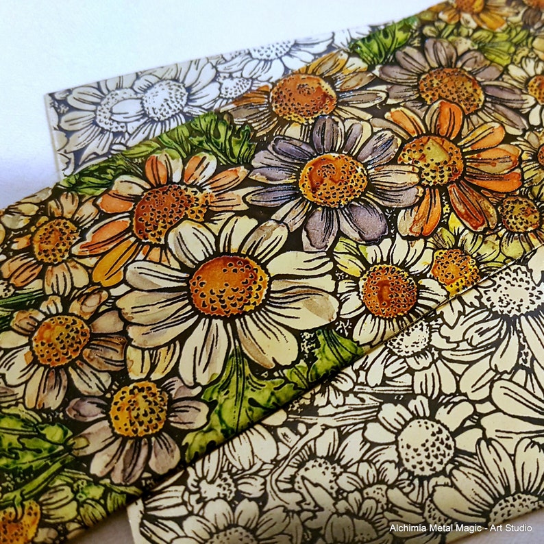 Brass texture Metal sheet 20ga Nature Decorative style flower Chamomile Etched Oxidized yellow brass Findings Jewelry making Metalworking