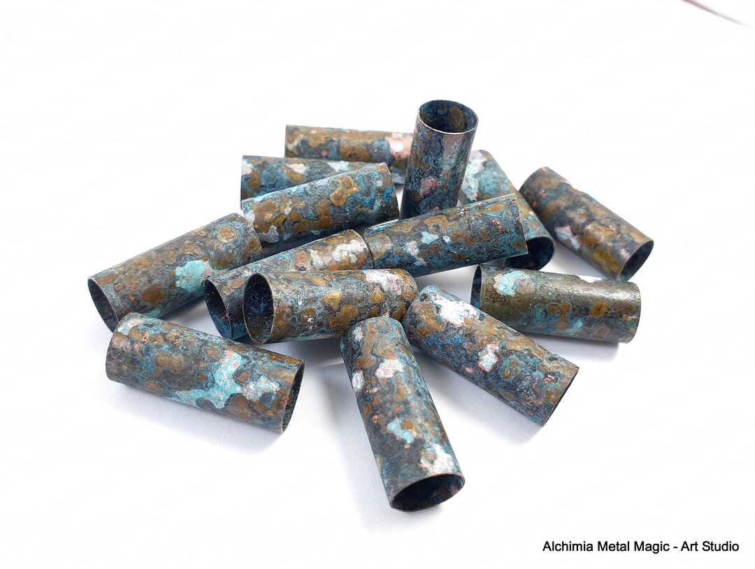 Tube Rings Barrel LAST 9ps Large Brass Barrel Tube Vintage Turquoise Patina Handmade ...