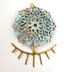 1 pair Large filigree blue statement Brass circle charms Rustic vintage patina Boho dangle filigree earrings Boho patina sun pendant 573B