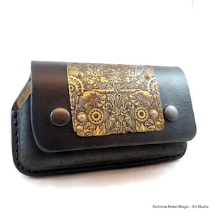 Leather mobile holder for belt with etched brass steampunk blank Personalized case for cell phone Mobile bag for belt Belt pouch for mobile